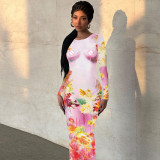 Women's Summer Fashion Printed Slim Fit Round Neck Long Sleeve Dress