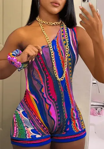 Abstract printing Slash Shoulder Jumpsuit