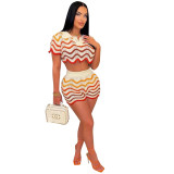 Women Knitting Casual Stripe Short Sleeve Top and Shorts Two Piece Set