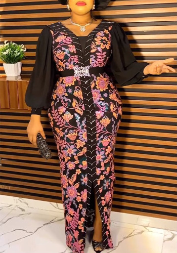 Vestido de patchwork estampado vintage con cuentas de fiesta formal africana de talla grande para mujer