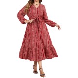 Women Solid Lace-Up V-Neck Long Sleeve Dress