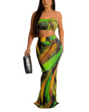 Women Casual Print Crop Top and Skirt Two Piece Set