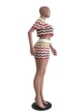 Women Knitting Casual Stripe Short Sleeve Top and Shorts Two Piece Set