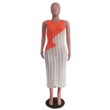 Women Casual Sleeveless Color Block Knitting Beach Dress