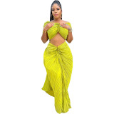 Women Solid Pleated Off Shoulder Top and Skirt Two-Piece Set