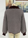 Women Striped Knitting Long Sleeve Color Block Turndown Collar Sweater