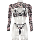 Summer Women Leopard Print Mesh Sexy See-Through Body Shaping Four-Piece Set