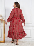 Women Solid Lace-Up V-Neck Long Sleeve Dress