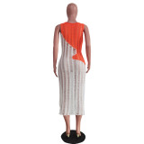 Women Casual Sleeveless Color Block Knitting Beach Dress