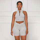 Women Summer Solid Sleeveless Zipper Collar Crop Top and Shorts Two Piece Set