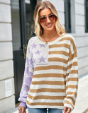 Plus Size Women Loose Stripe Knitting Long Sleeve Colorblock Round Neck Sweater