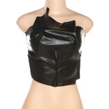 Summer Women Sexy pu Leather Solid Strapless Fold Top