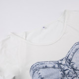 Women Casual Print Ruffle Edge Round Neck Short Sleeve T-Shirt