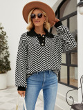Women Striped Knitting Long Sleeve Color Block Turndown Collar Sweater