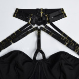 Mesh belt Patchwork metal Halter Neck Sexy lingerie set