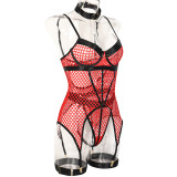Sexy 3-piece lingerie set mesh Patchwork with steel ring Halter Neck leg ring underwear