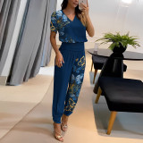 Women's Fashion Casual V-Neck Printed Short-Sleeved Trousers Set Two-Piece Set
