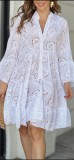 Spring and summer solid color v-neck loose embroidery hollow lace flower sexy dress