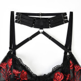 Flower embroidery mesh Patchwork sling Halter Neck sexy lingerie four-piece set for women
