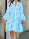 Spring and summer solid color v-neck loose embroidery hollow lace flower sexy dress