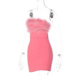 Summer Sexy Low Back Chic Furry Strapless Bodycon Dress Women