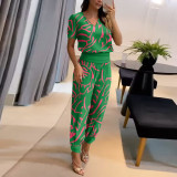 Women's Fashion Casual V-Neck Printed Short-Sleeved Trousers Set Two-Piece Set