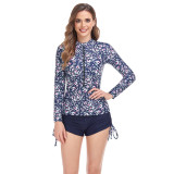 Women's Surf Swimsuit Printed Long Sleeve Sun Protection Zipper Tight Fitting Drawstring Square Leg Shorts Slim Fit Two Pieces Swimwear