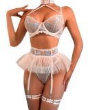 Flower embroidery mesh Patchwork sling Halter Neck sexy lingerie four-piece set for women