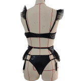 Erotic Lingerie Sexy Women's PU Leather Patchwork Lingerie Two Pieces Style Set