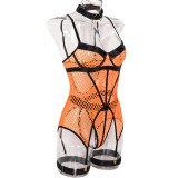 Sexy 3-piece lingerie set mesh Patchwork with steel ring Halter Neck leg ring underwear
