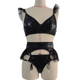 Erotic Lingerie Sexy Women's PU Leather Patchwork Lingerie Two Pieces Style Set
