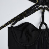 Mesh belt Patchwork metal Halter Neck Sexy lingerie set
