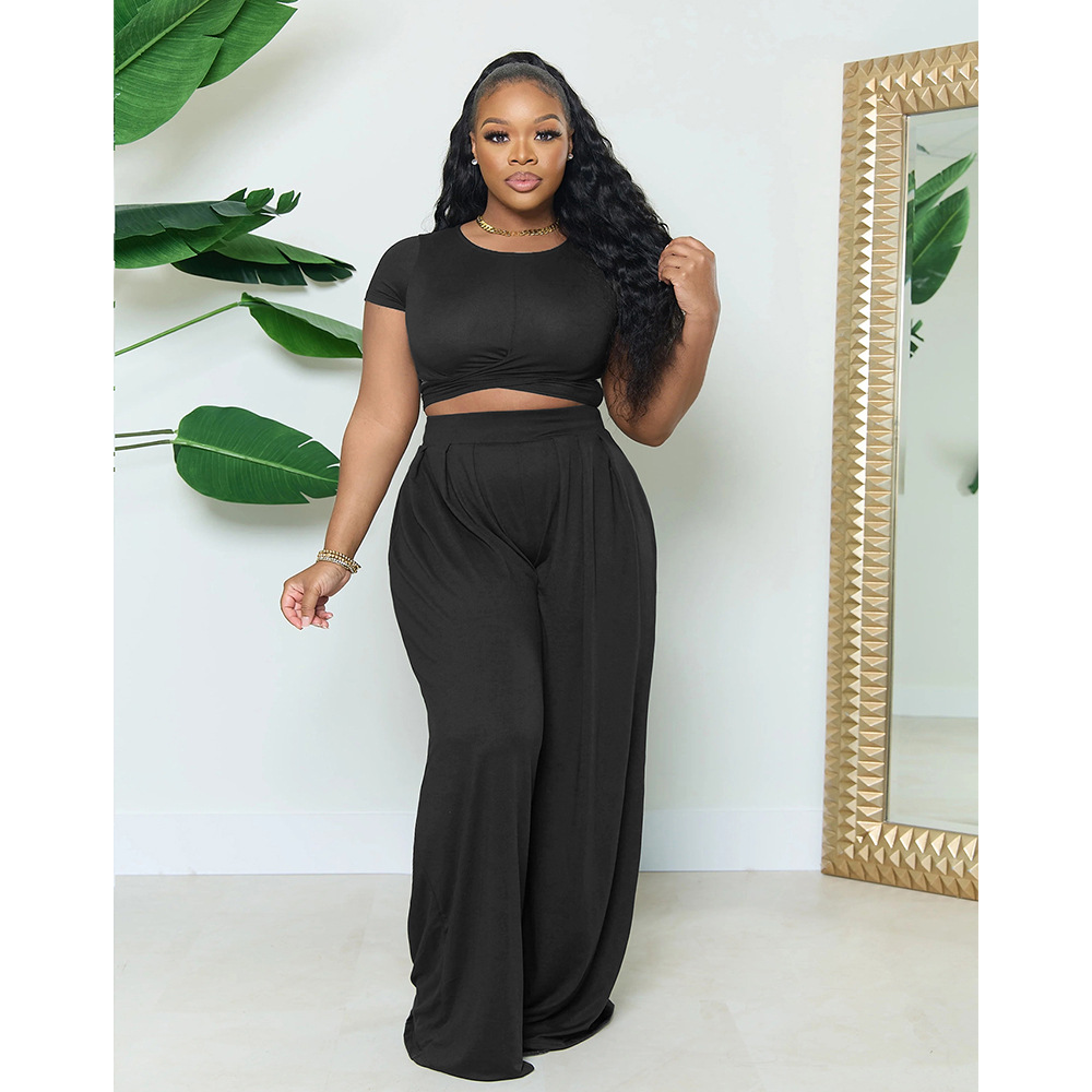 Plus Size Women Summer Casual Loose Top + Wide Leg Pants Two-Piece - The  Little Connection