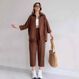Plus Size Women's Fall Casual Loose Shirt Coat Cropped Sport Harem Pants Two-Piece Set