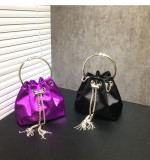 Women's Dinner Bag Flash Diamond Tassel Drawstring Satin Handheld Mini Bucket Bag Chain Messenger Bag