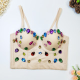 Beaded Herringbone Strap Outdoor Wear Cropped Corset Tight Fitting Gemstone Colored Diamonds Strapless
