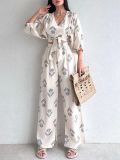 Casual Suit Summer V-Neck Chic Print Puff Sleeve Top Trousers Ladies Two-Piece Set