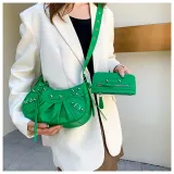 Diagonal pleated single shoulder women's retro rivet bag