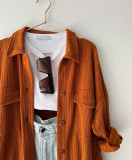 Women's Spring Loose Plus Size Patch Pockets Turndown Collar Long Sleeve Shirt