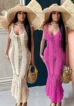 Women's Sexy Hollow Solid Color V-neck Knitting Sleeveless Mermaid Dress