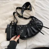 Diagonal pleated single shoulder women's retro rivet bag