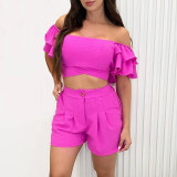 Fashion Casual Set Solid Color Ruffle Sleeve Tie Top High Waist Shorts Two-Piece Set