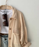Women's Spring Loose Plus Size Patch Pockets Turndown Collar Long Sleeve Shirt
