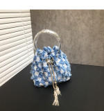 Women's Dinner Bag Flash Diamond Tassel Drawstring Satin Handheld Mini Bucket Bag Chain Messenger Bag