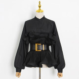Long Sleeve Ruffle Blouse Women Autumn High Waist Stand Collar Slim Top with Belt