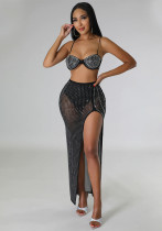 Summer Women's Sexy Mesh Beaded Nightclub Dress Two-Piece Set
