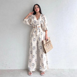 Casual Suit Summer V-Neck Chic Print Puff Sleeve Top Trousers Ladies Two-Piece Set