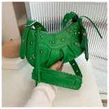Diagonal pleated single shoulder women's retro rivet bag