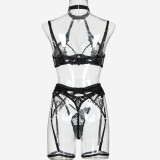 Summer Complicated Heart Print Drill Buckle Sexy Hollow Embroidery Halter Neck Lingerie Set