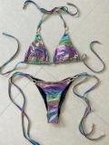 Sexy Bikini Set Snake Print Shiny Two Pieces Lace-Up Women's Swimsuit Rhinestone Accessory Swimsuit